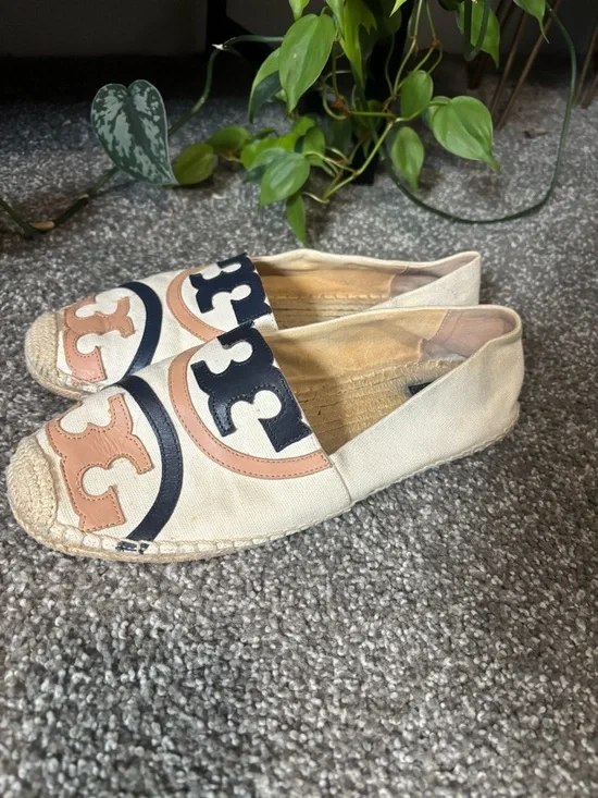 Tory Burch Cream Espadrille Flats with Navy & Tan Accents - Picture 3 of 5